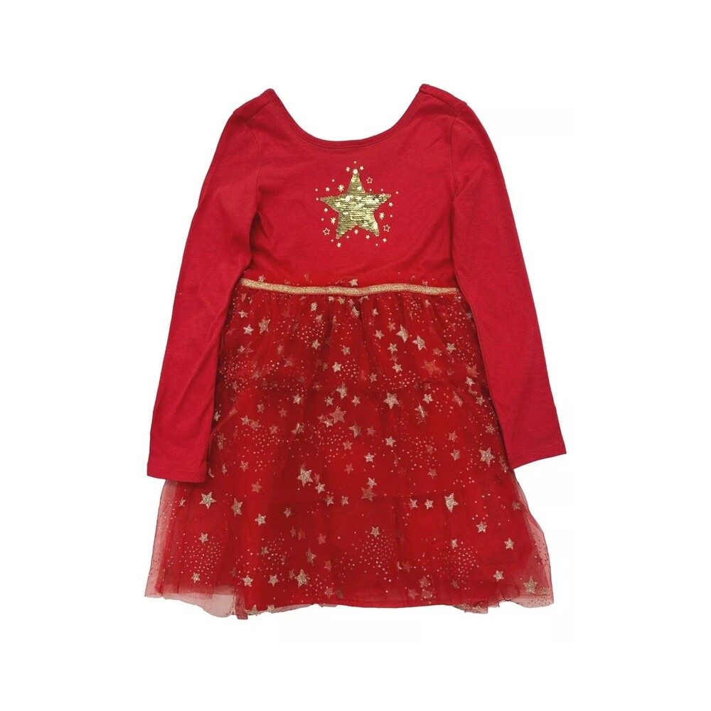 Girls Red Gold Christmas Star Sequins Festive Holiday Dress Tulle Skirt XS 4/5
